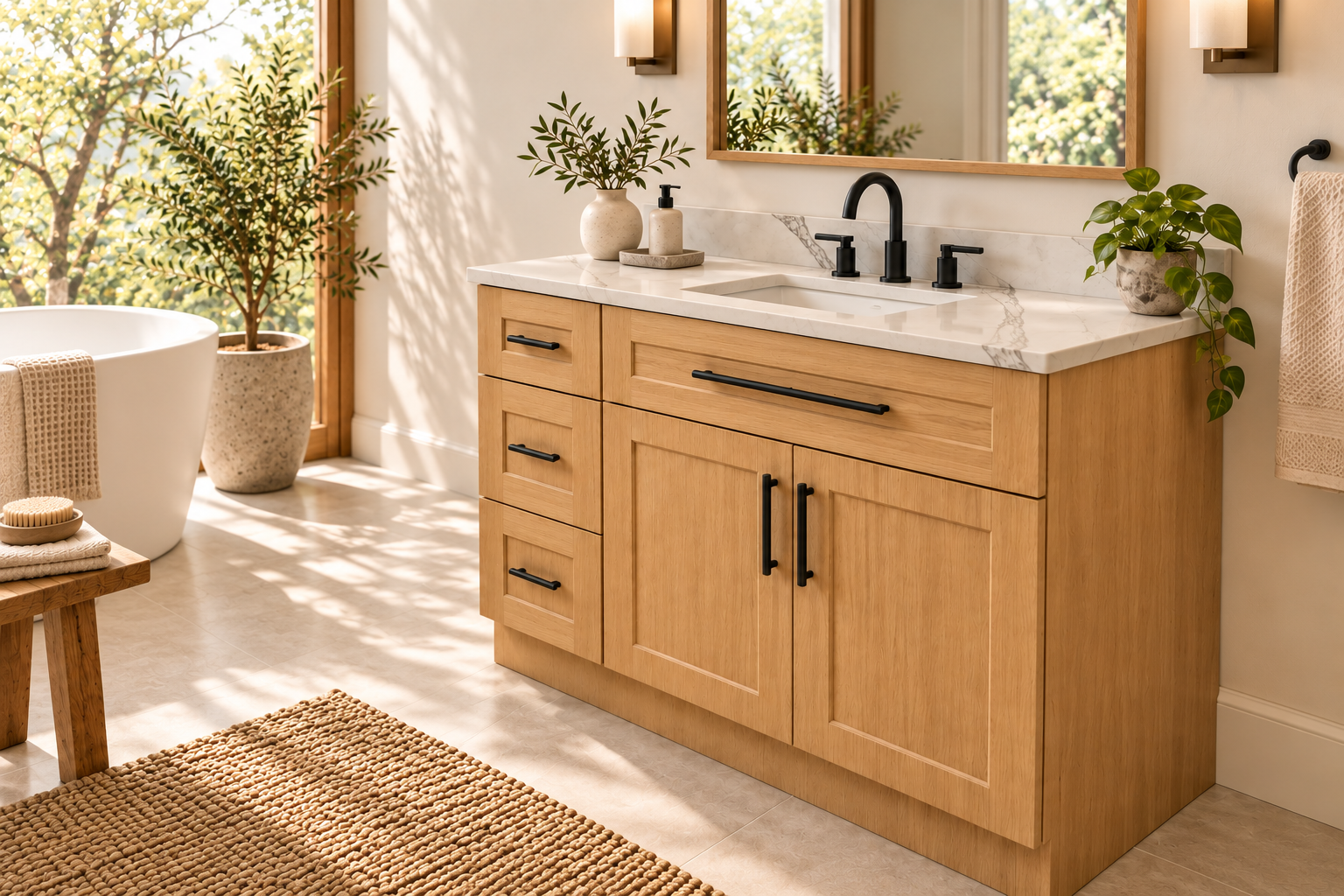 42-inch Shaker Oak vanity set — corrected right three-quarter view