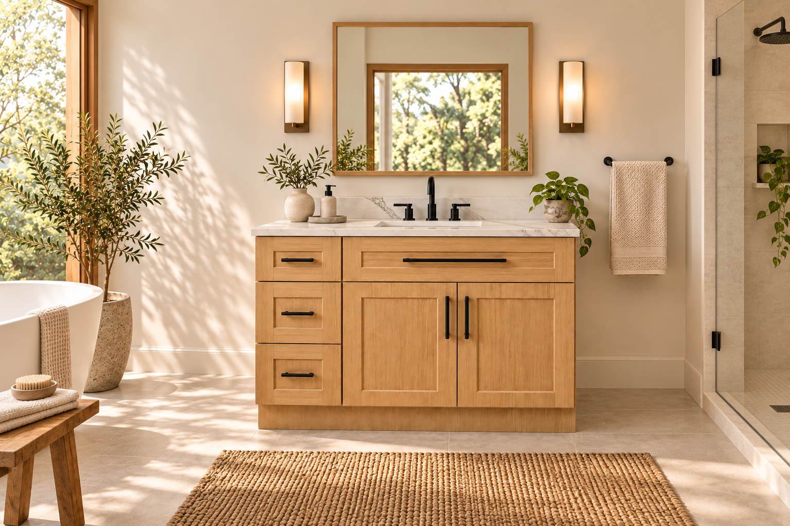 42-inch Shaker Oak vanity set — corrected room view